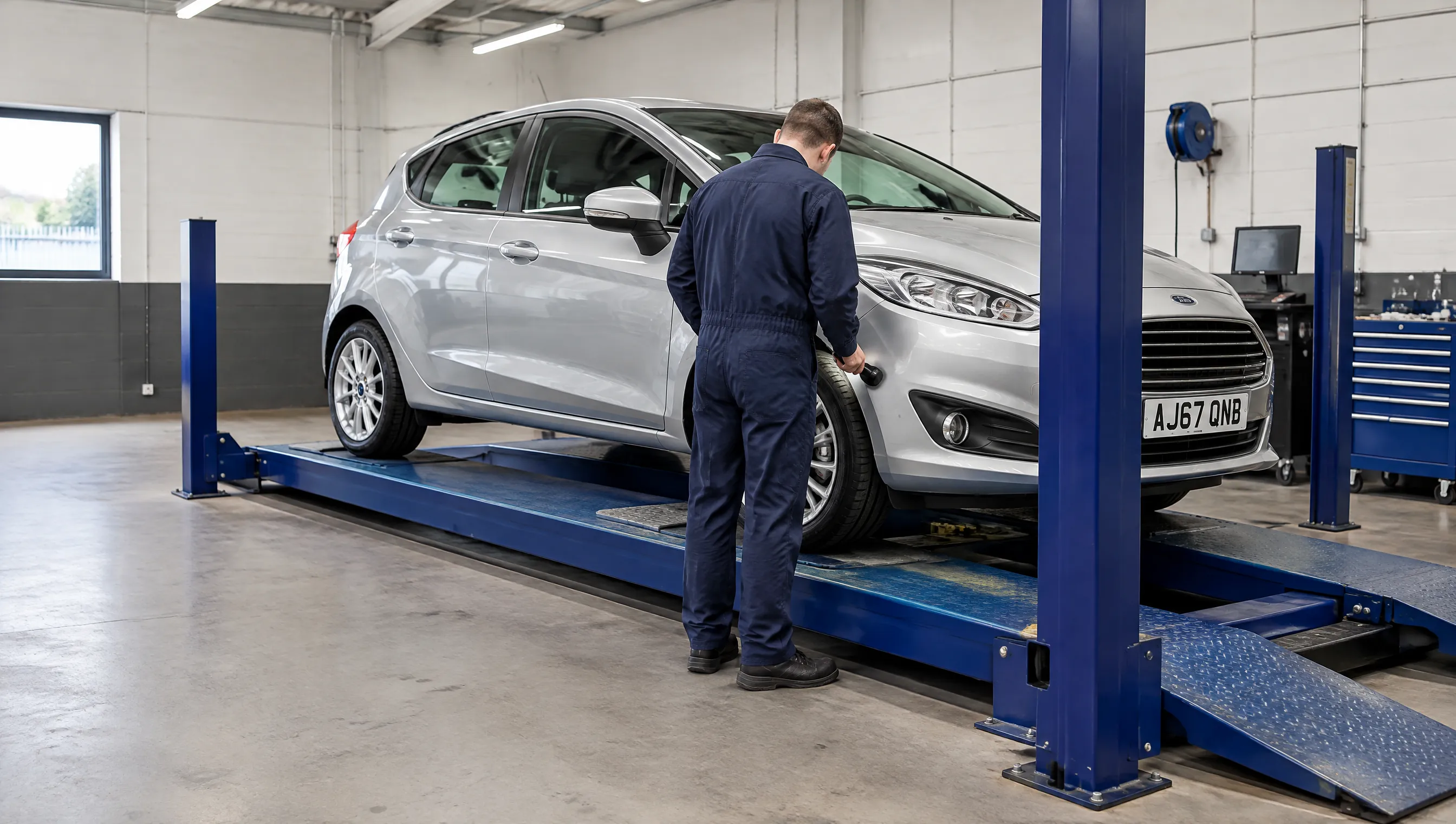 Illustrative image of a silver car being inspected on a four-post vehicle ramp.