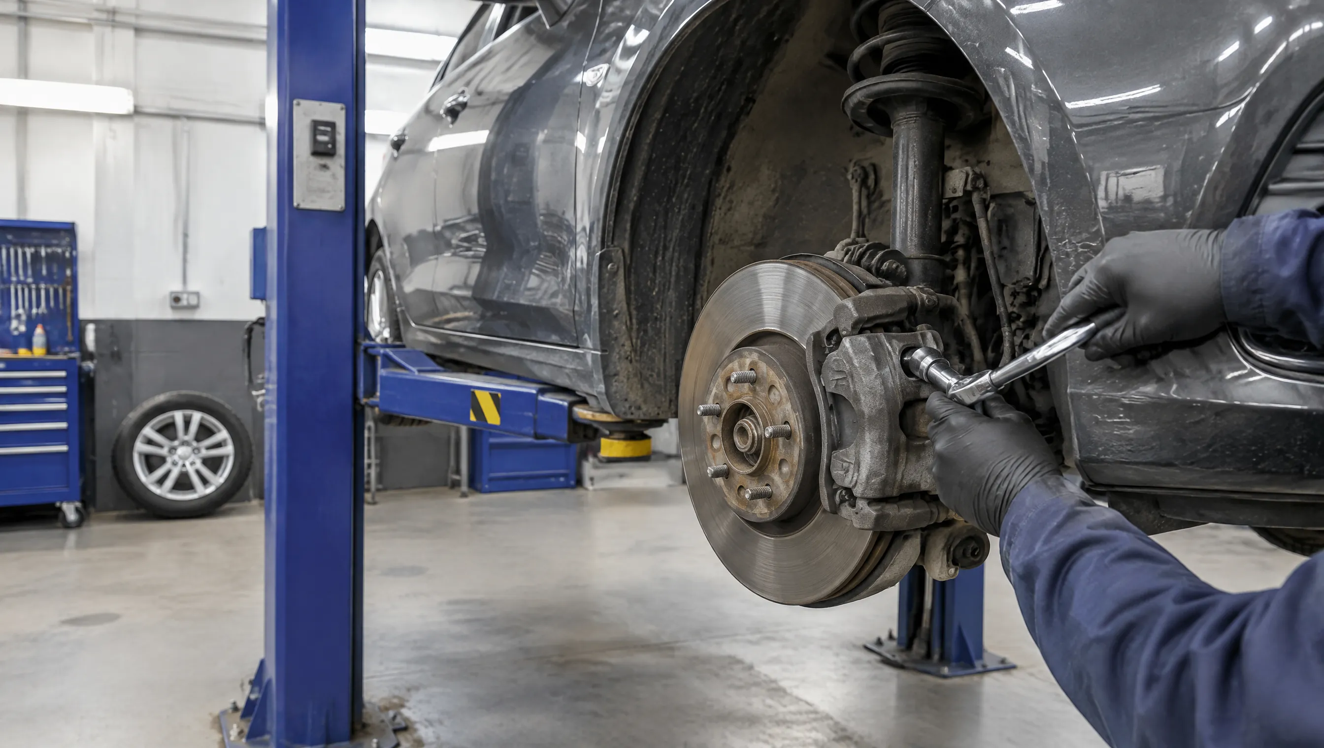 Illustrative image of a technician working on a car brake assembly.