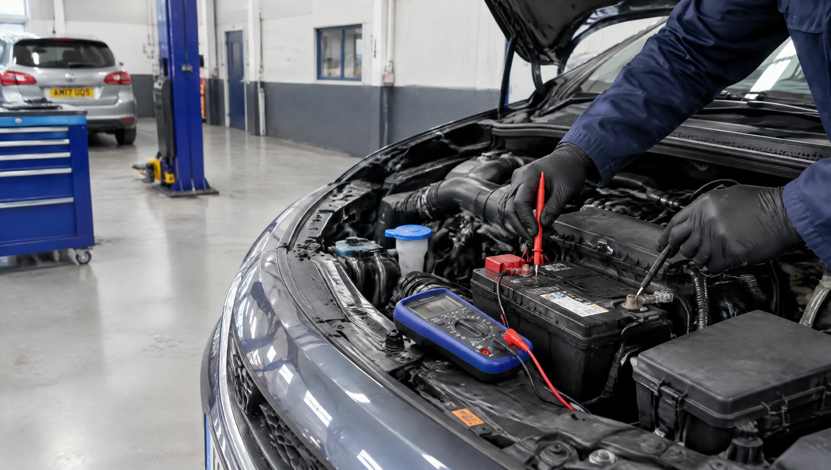 Illustrative image of a conventional car battery being checked with a multimeter.