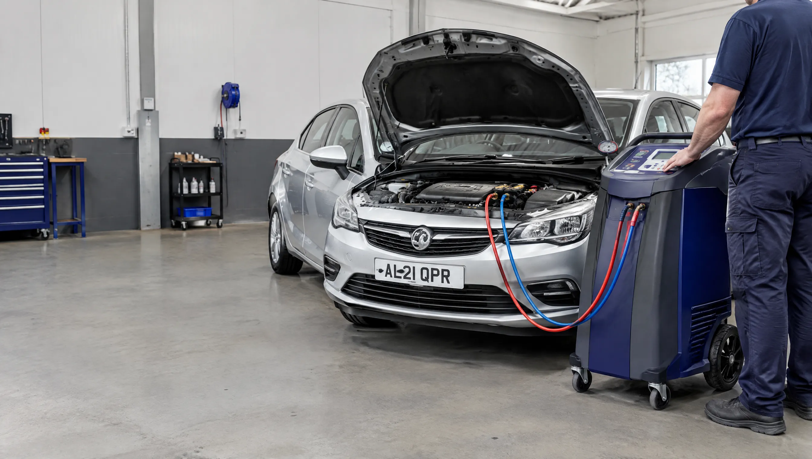 Illustrative image of car air conditioning service equipment beside an open bonnet.