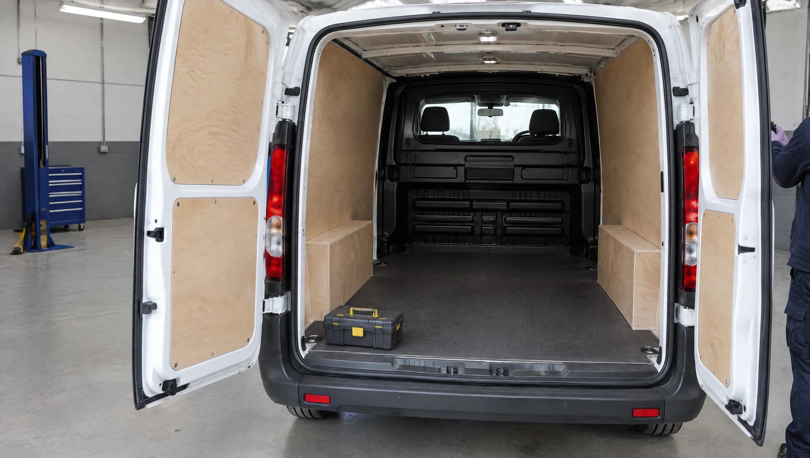 Illustrative image of fitted plywood lining inside a commercial van.