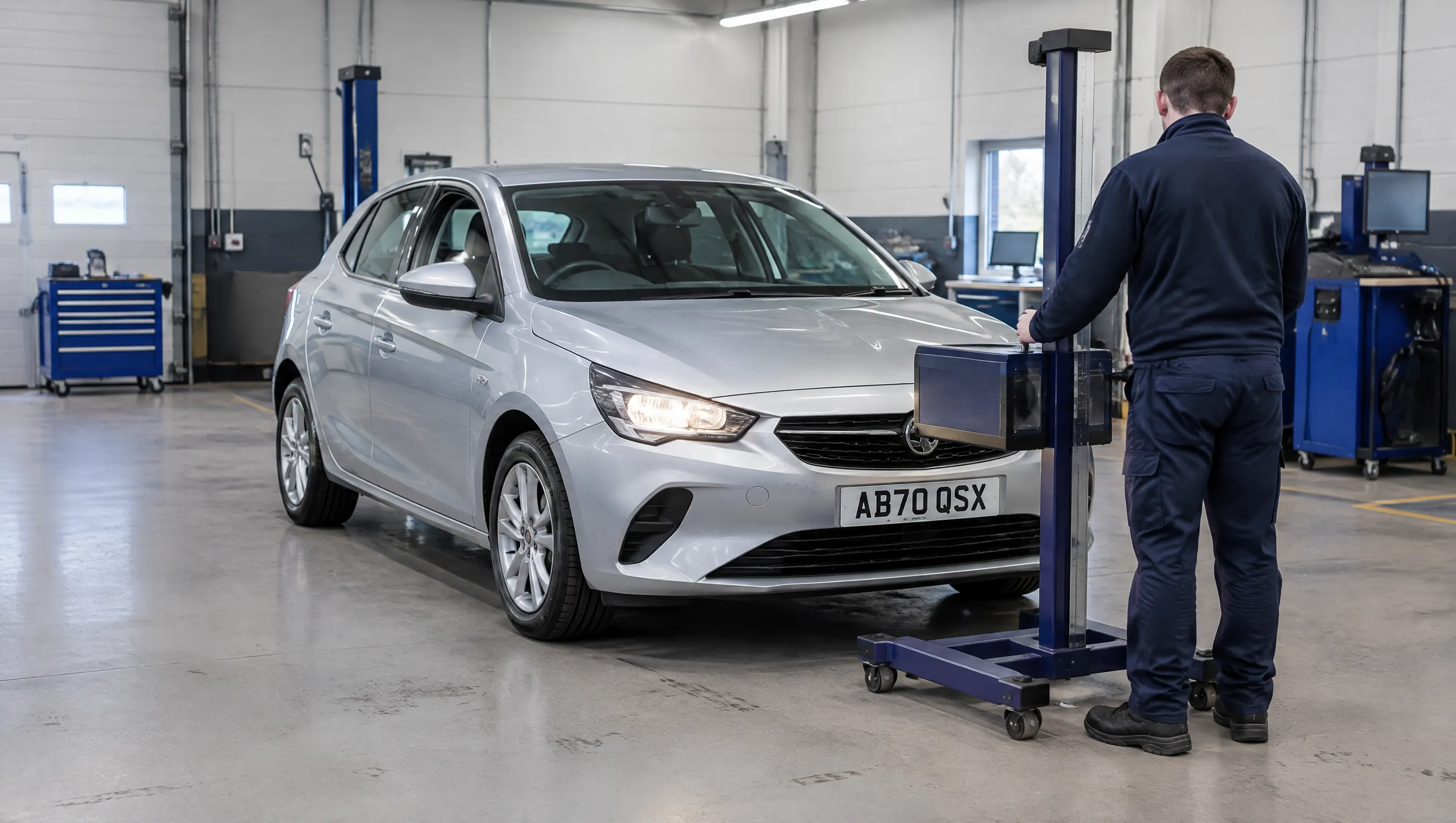 Illustrative image of a headlamp alignment check during a vehicle inspection.