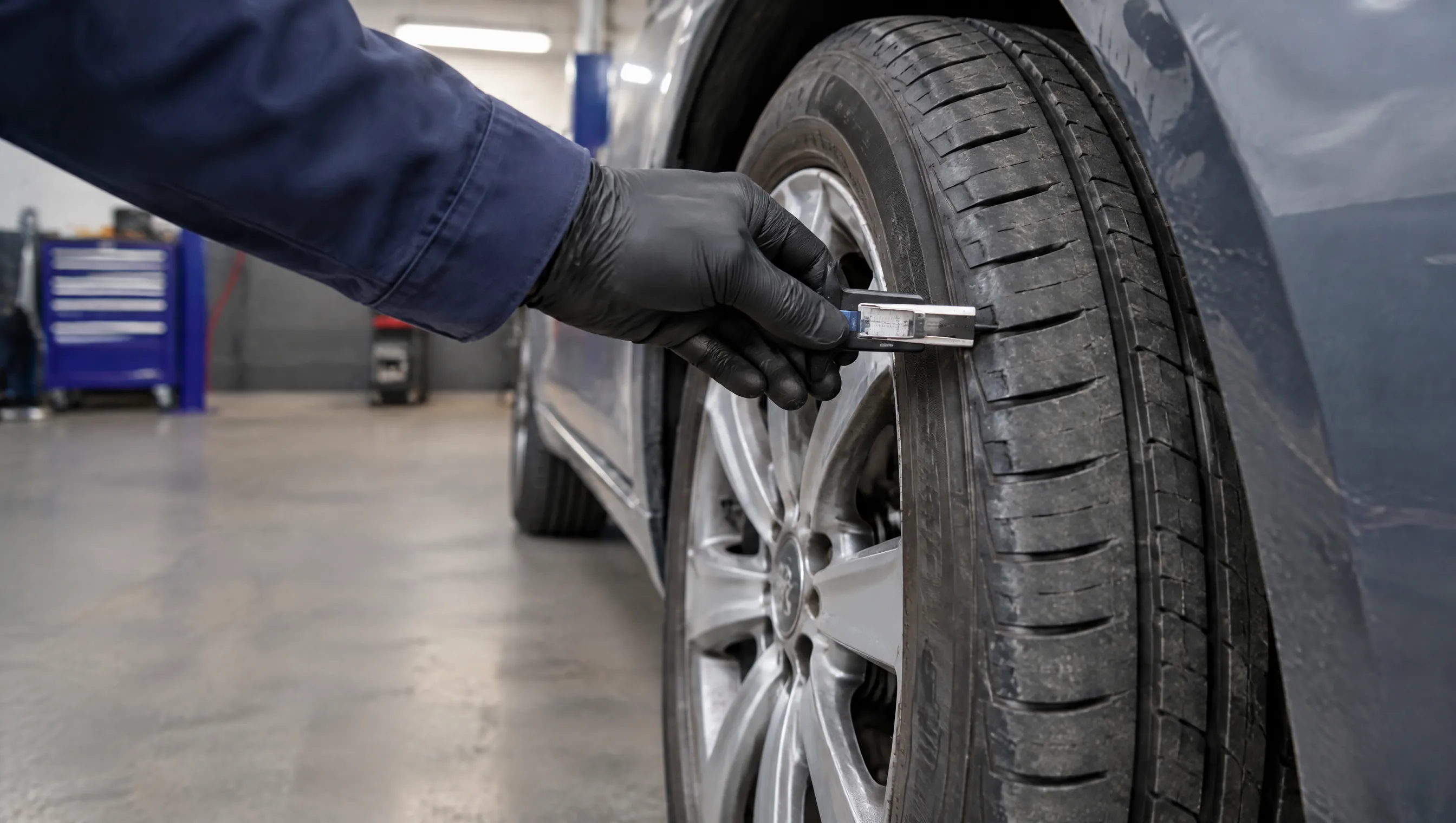 Illustrative image of a tyre tread depth check before a garage visit.