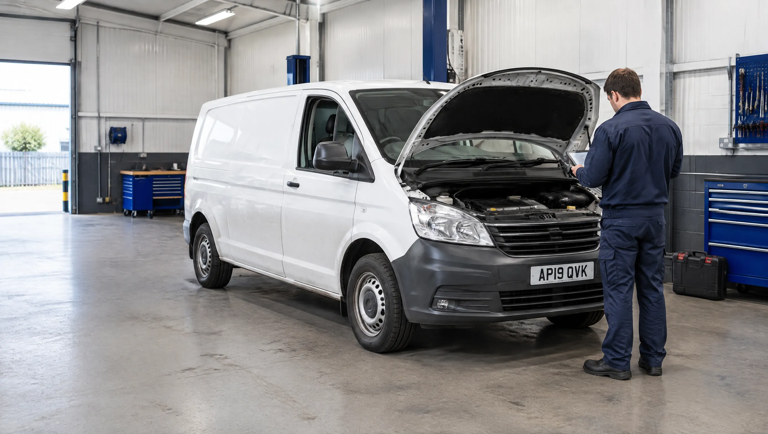 Illustrative image of a commercial van being assessed in a vehicle workshop.