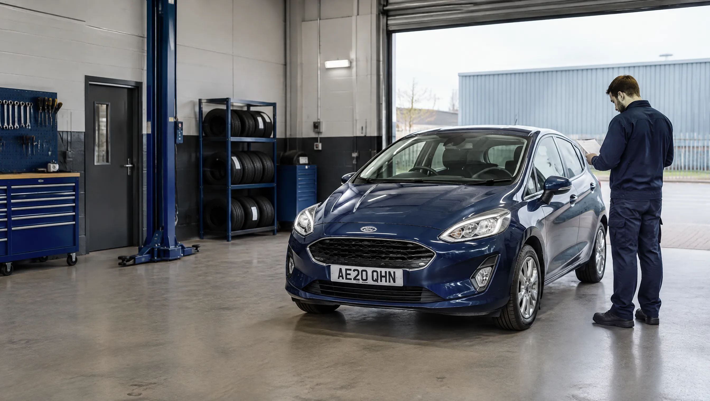 Illustrative image of a hatchback arriving at an independent garage.