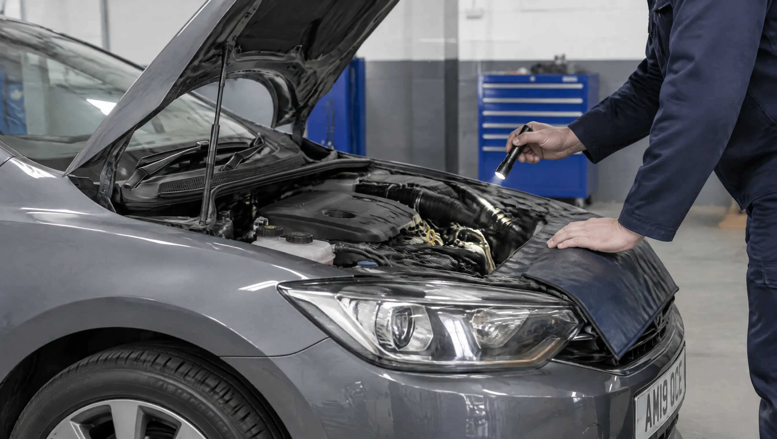 Illustrative image of an engine bay being examined with an inspection torch.