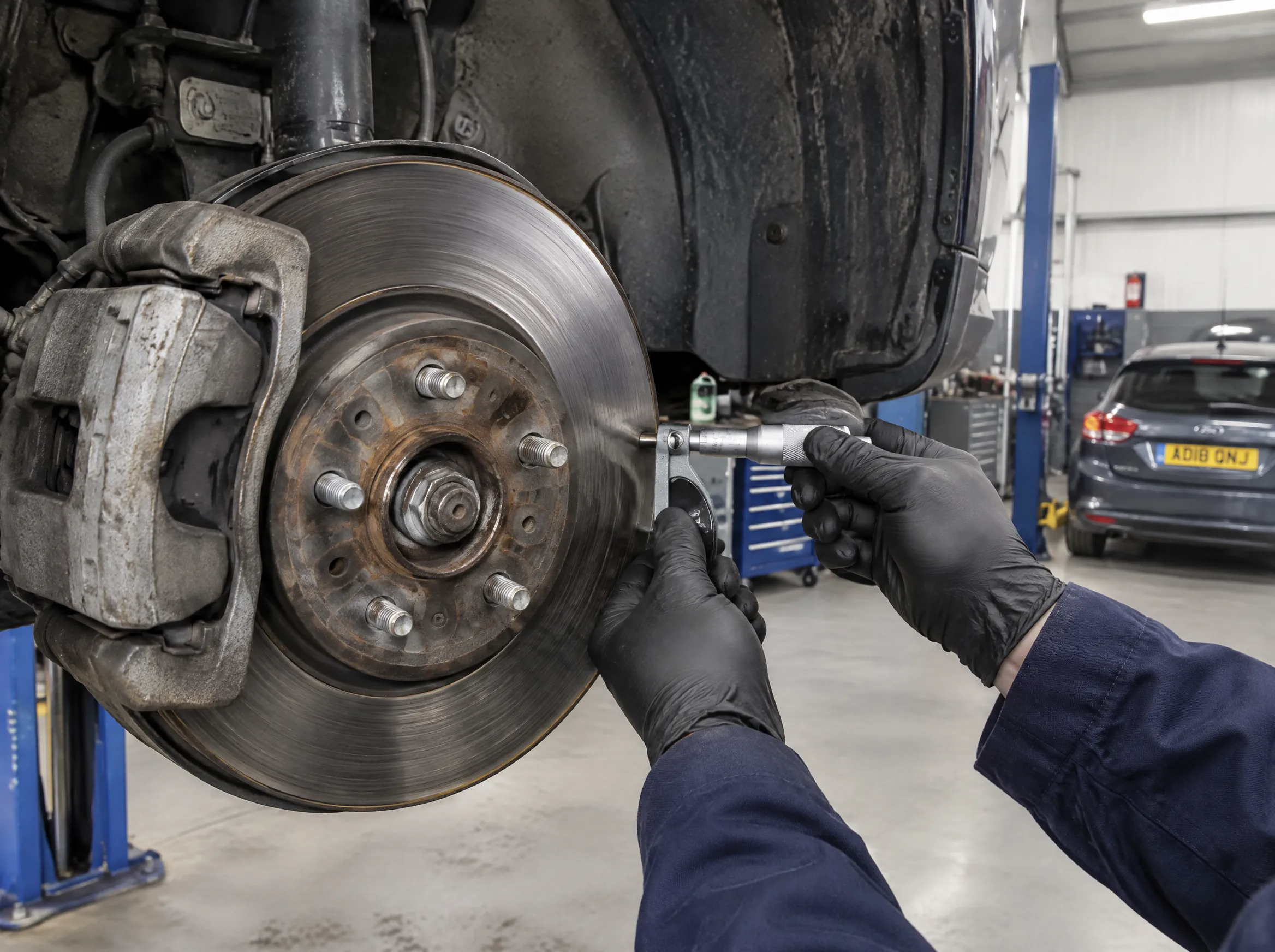 Illustrative image of a brake disc being measured during an inspection.
