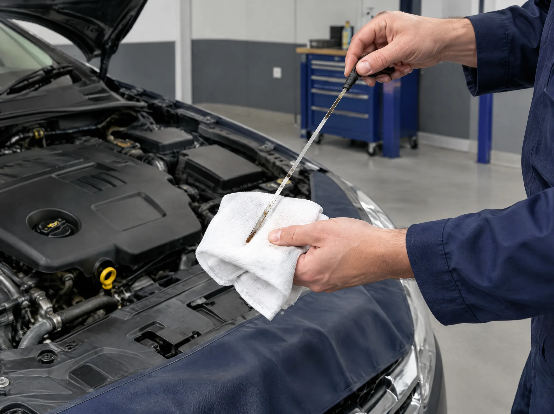Illustrative image of a technician checking an engine oil dipstick.