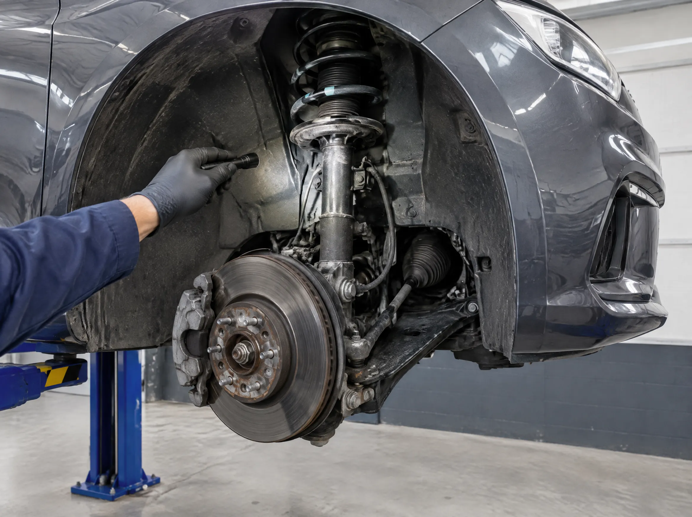 Illustrative image of a suspension inspection inside a car wheel arch.