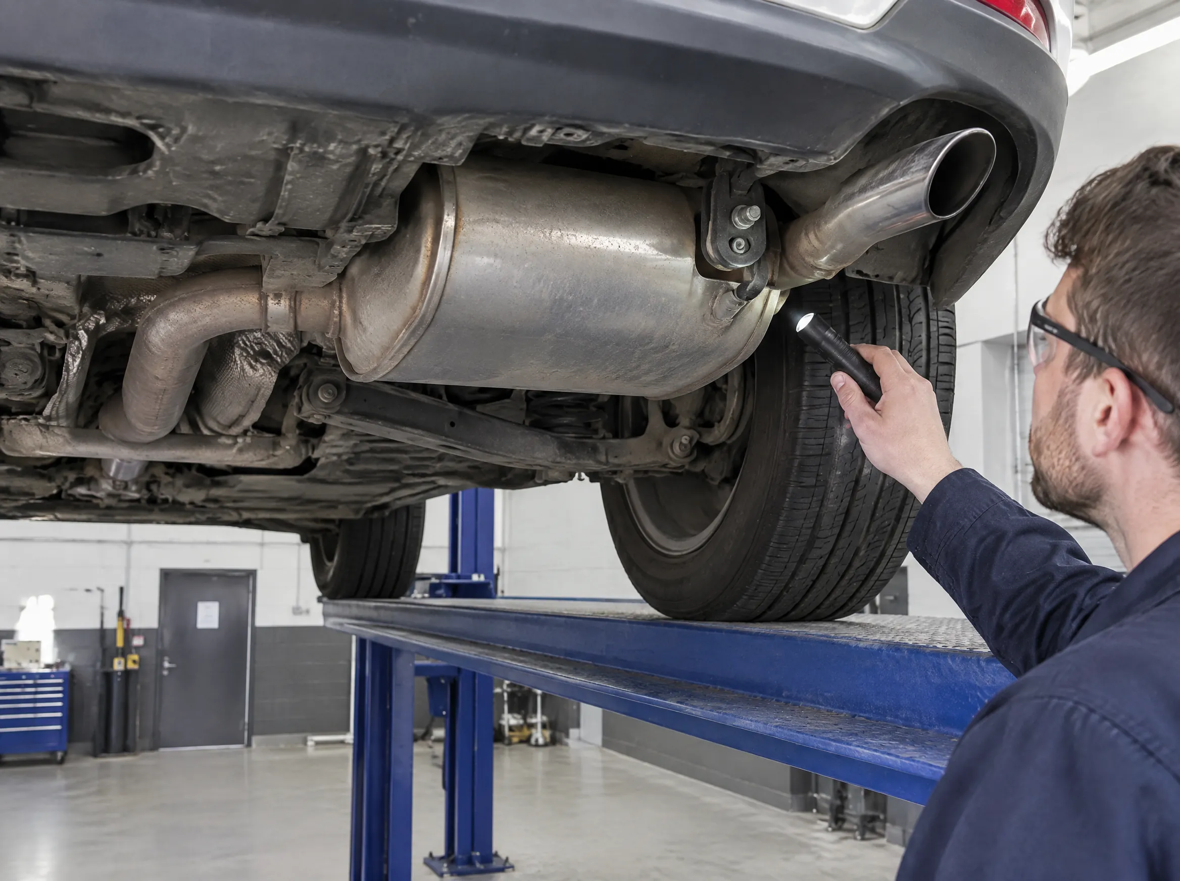 Illustrative image of an exhaust system being inspected on a vehicle ramp.