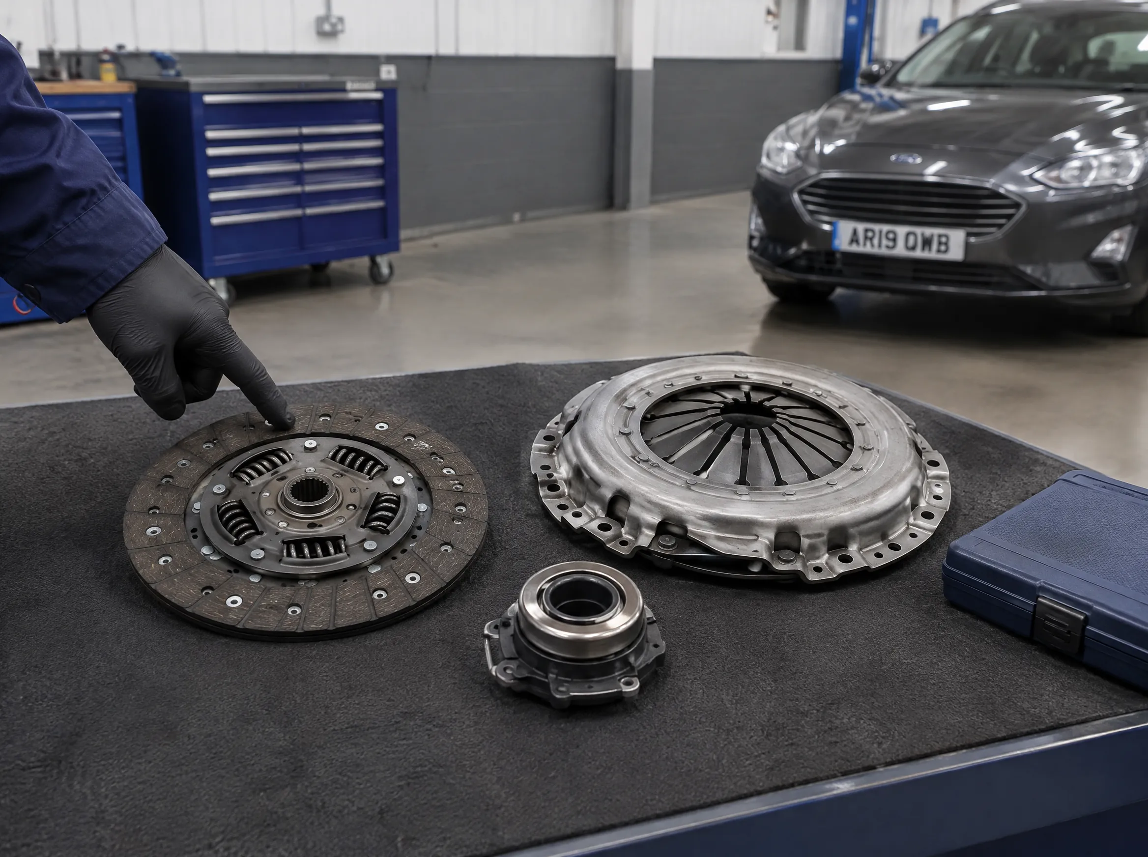 Illustrative image of clutch components laid out on a workshop bench.
