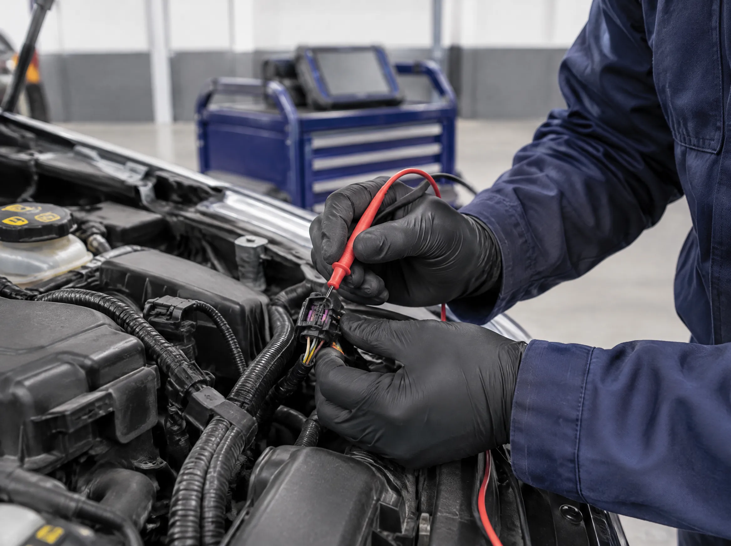 Illustrative image of a low-voltage vehicle wiring connector being checked.
