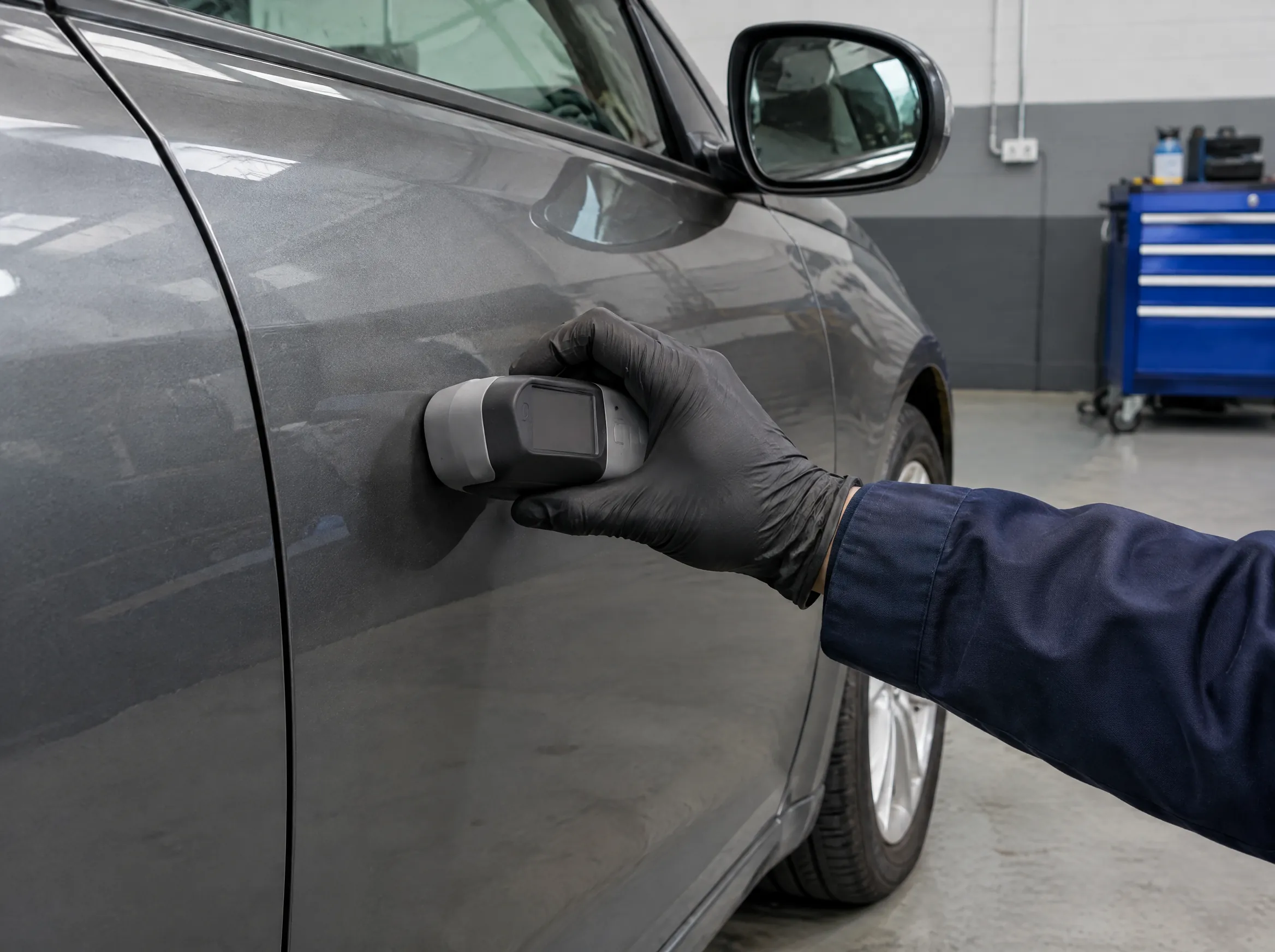 Illustrative image of a car paint colour being checked with a matching instrument.