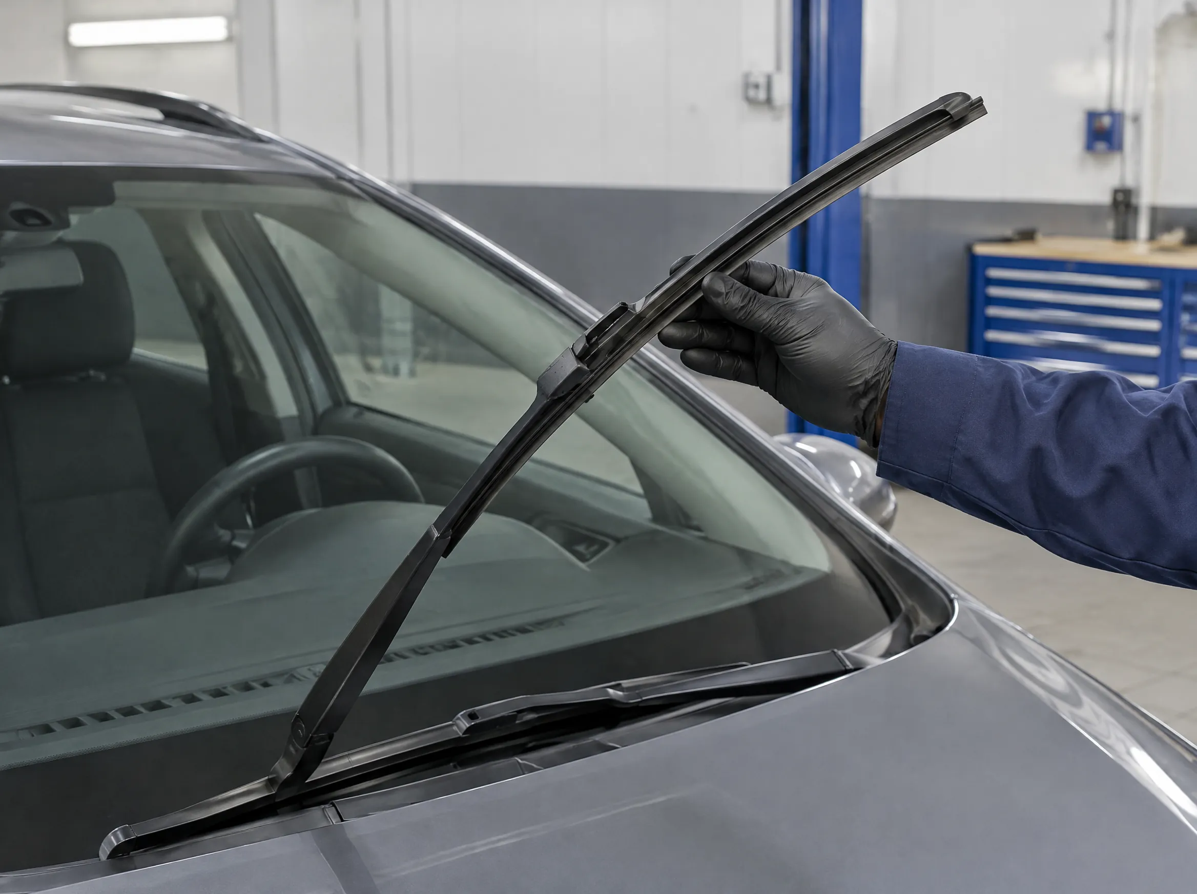 Illustrative image of a windscreen wiper blade being checked.