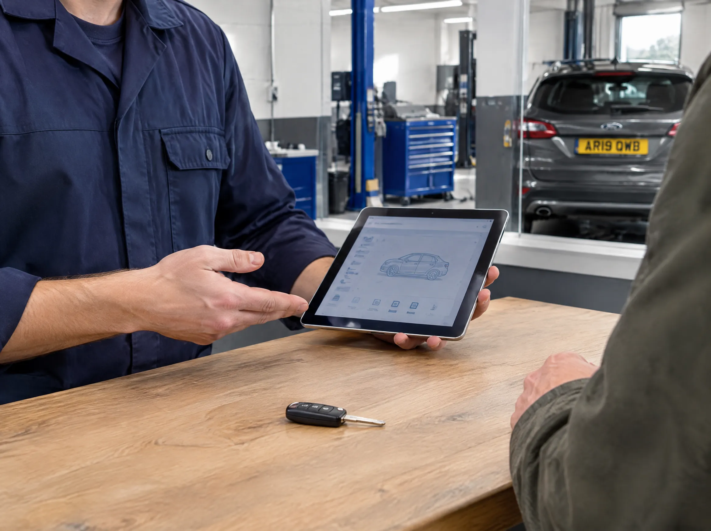Illustrative image of a technician discussing vehicle inspection findings with a customer.