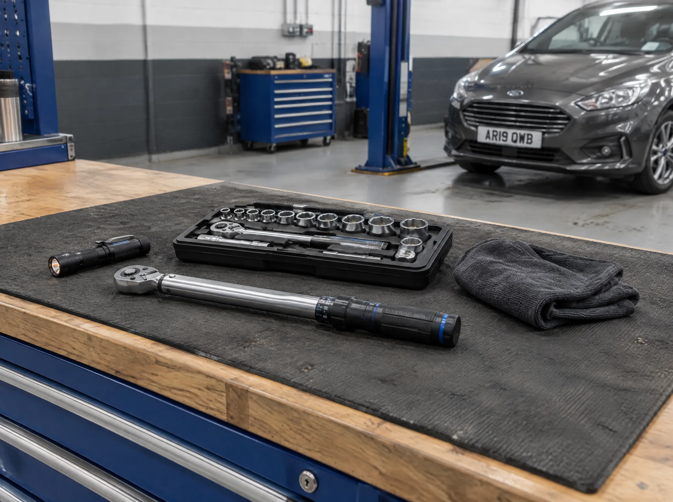 Illustrative image of organised hand tools on a vehicle workshop bench.