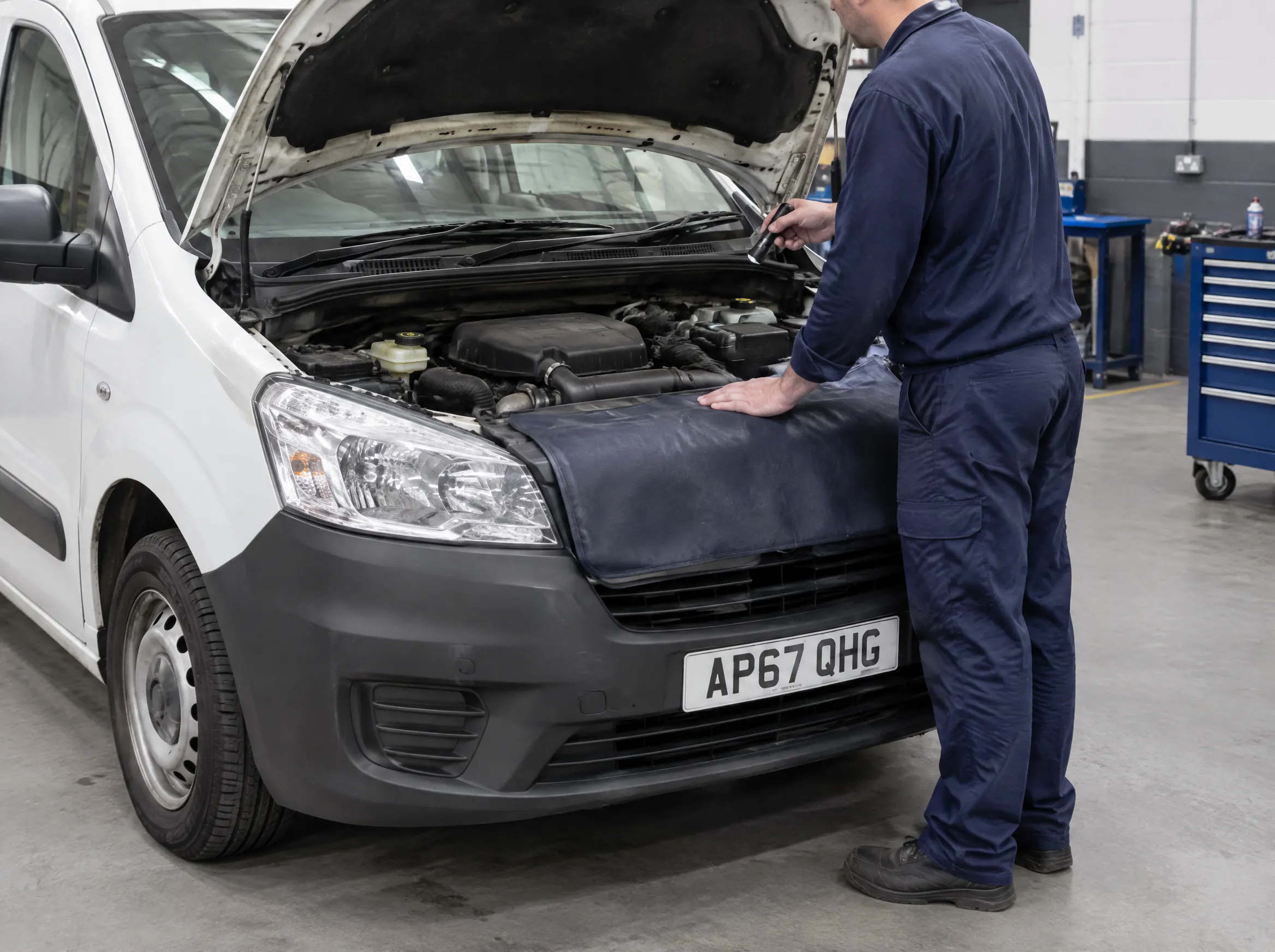 Illustrative image of an engine check on a commercial van.