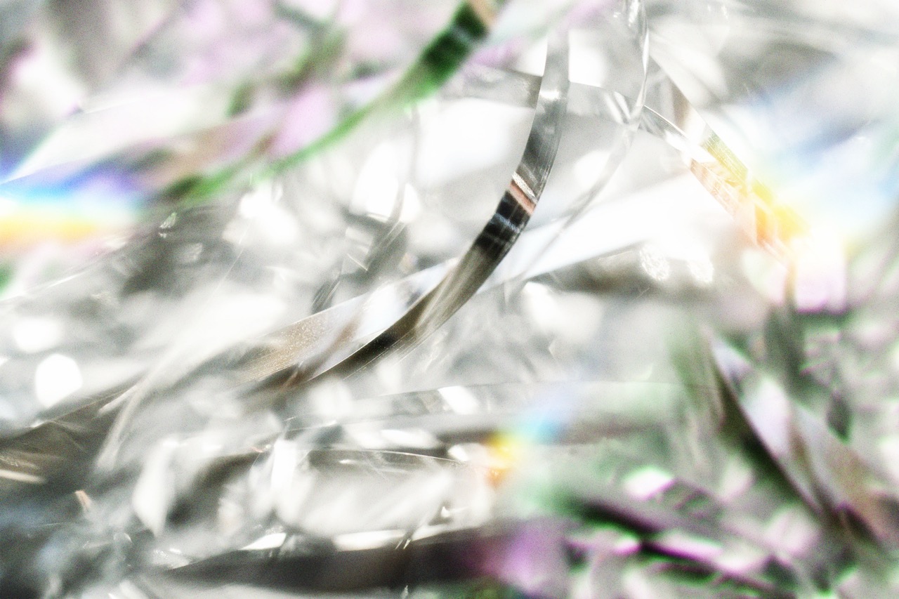 Close-up of reflective silver ribbons