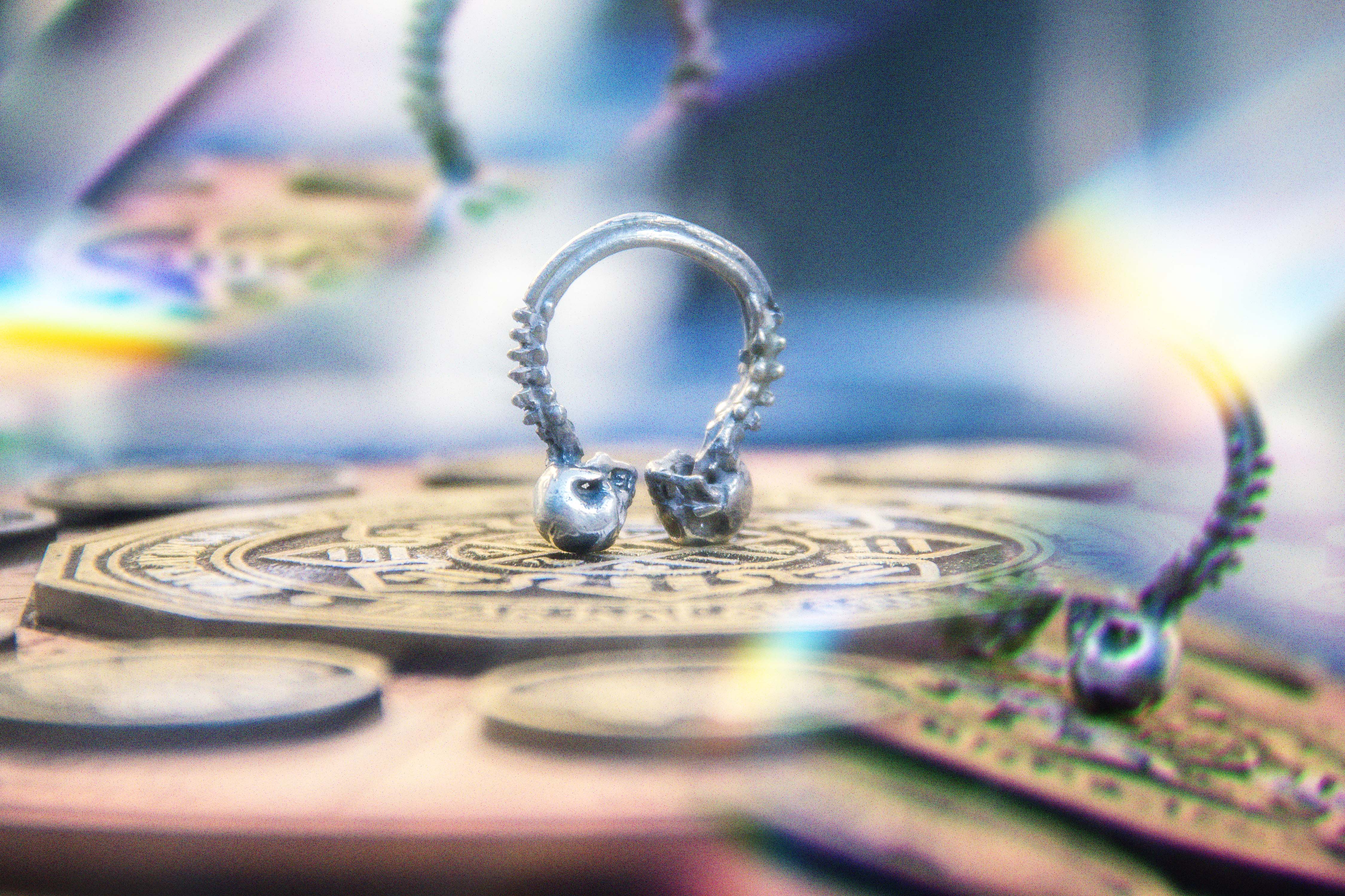 Silver ring shaped like a spine, ending in two skulls