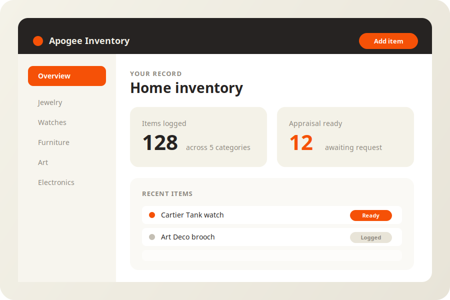 Apogee Inventory overview with items logged and appraisal-ready counts