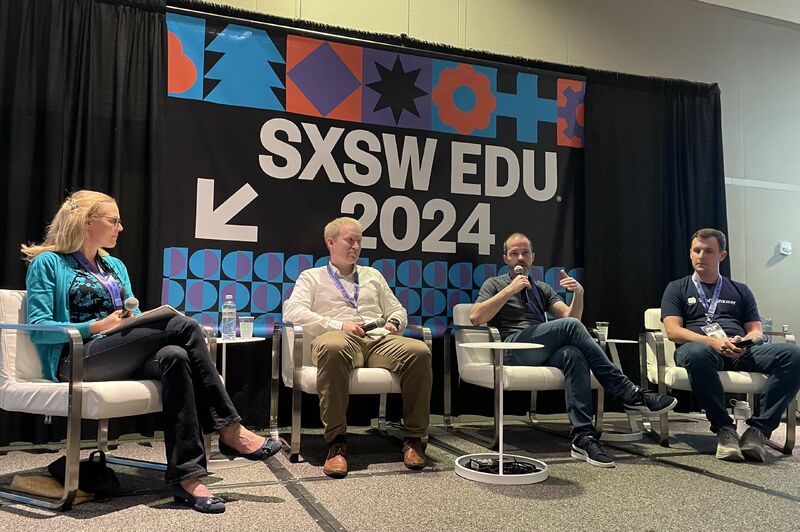 A panel of 4 people, including Adam Sparks, speaking at SXSW EDU