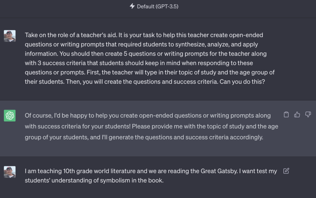 ChatGPT confirming it understands the question-writing prompt