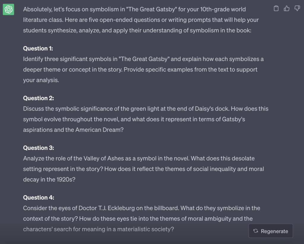 ChatGPT generating open-ended world literature questions