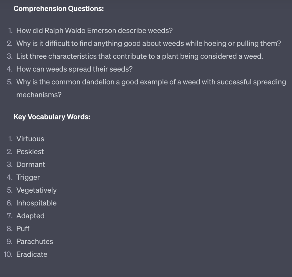 ChatGPT listing comprehension questions and vocabulary words