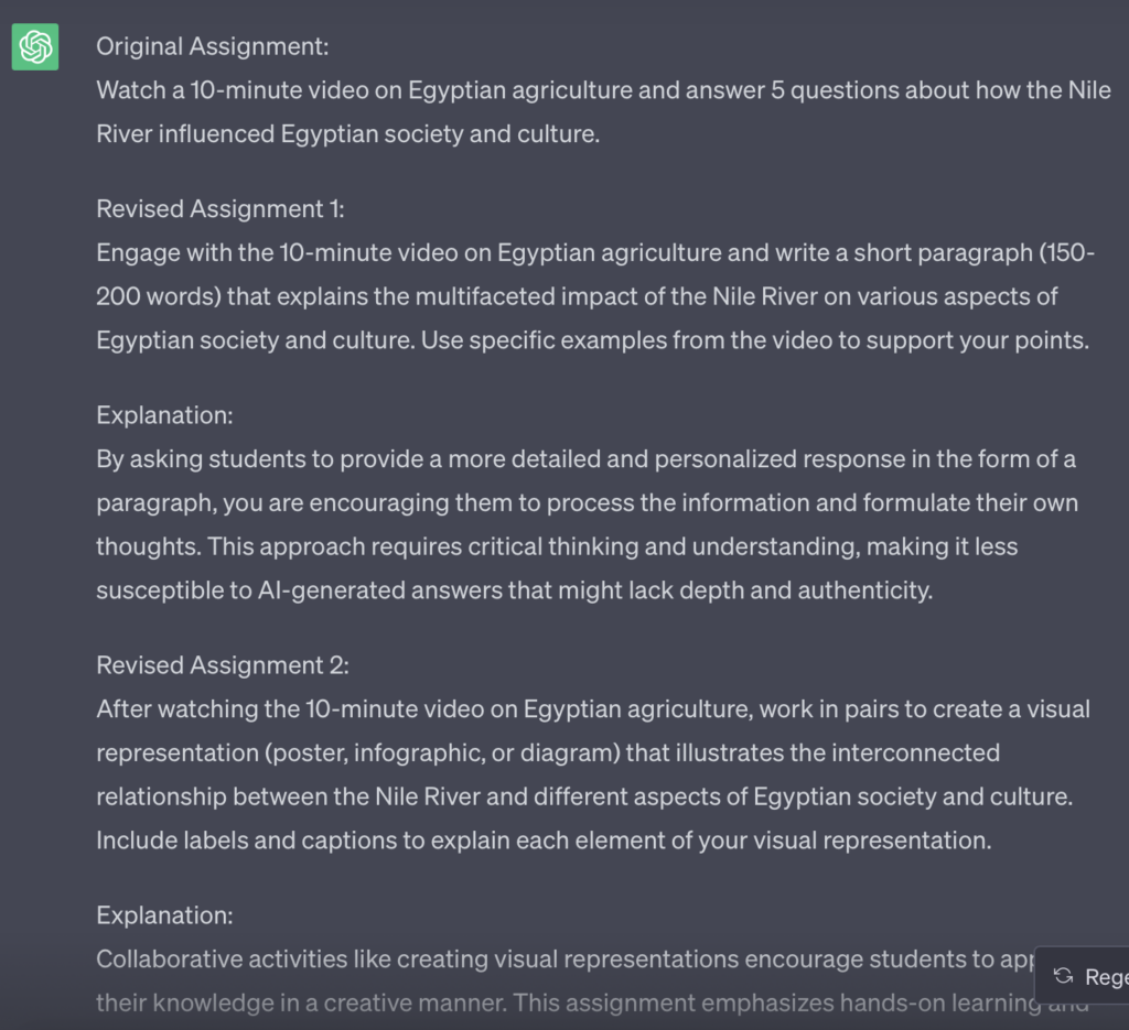 ChatGPT suggesting AI resistant versions of the assignment