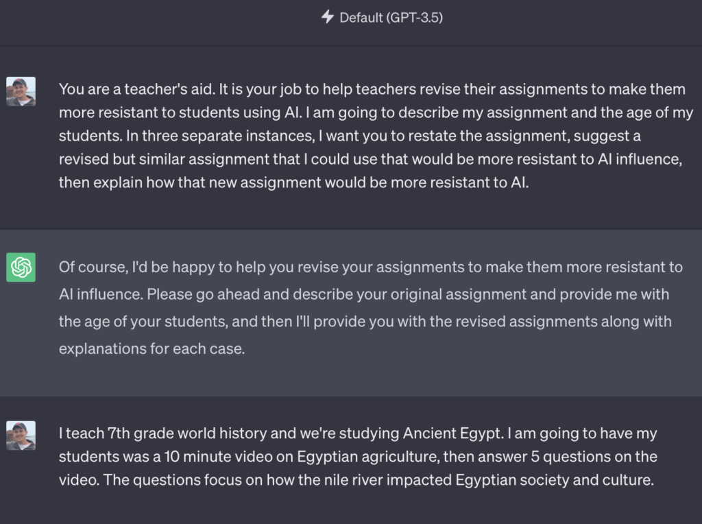 Teacher describing a 7th grade history assignment to ChatGPT