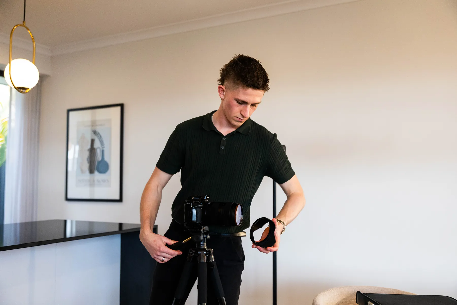 Keoni Upton walking with a gimbal on a Perth shoot.