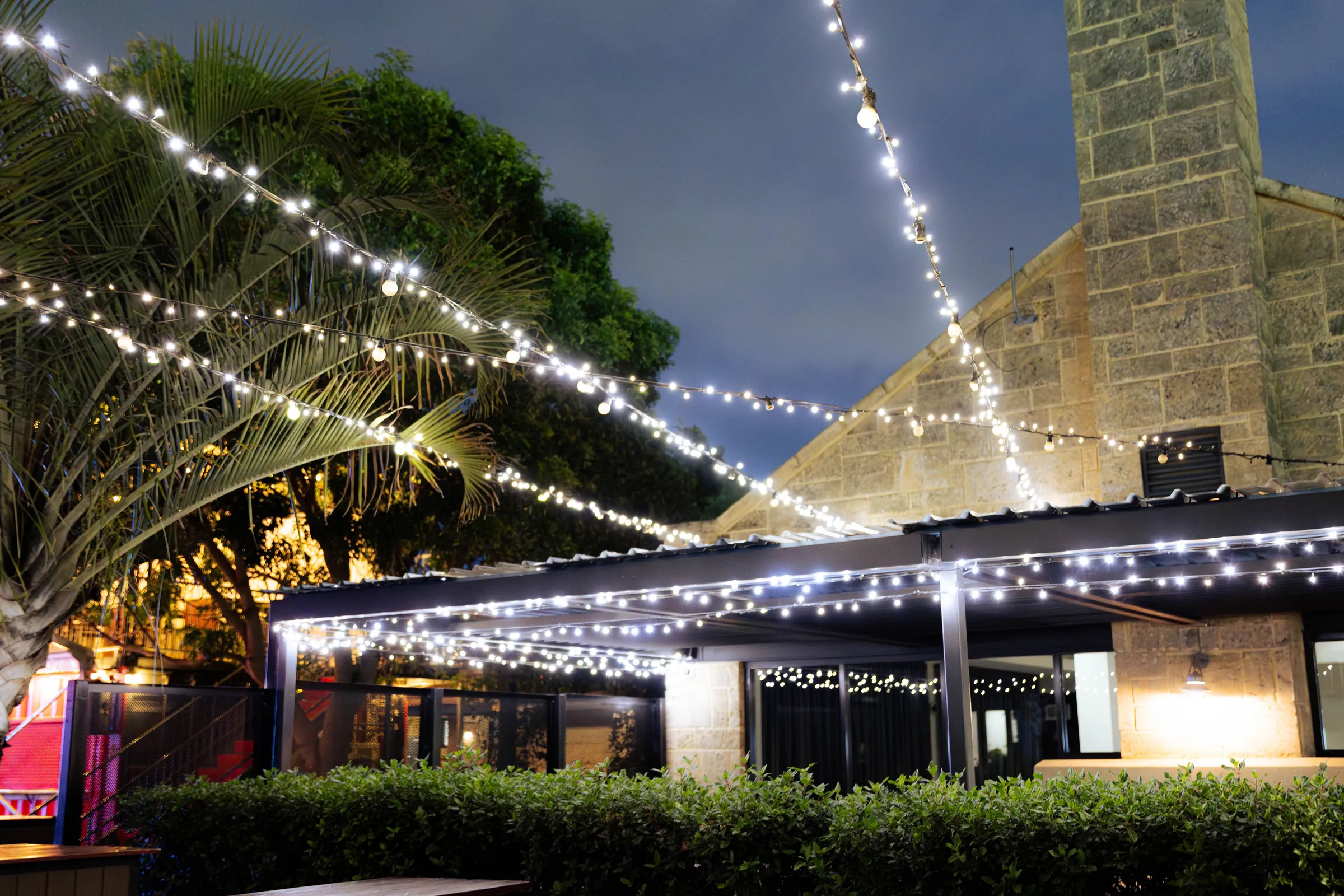 String lights over the courtyard at The Hall, The Camfield, Burswood, for the Armed For Life quiz night.