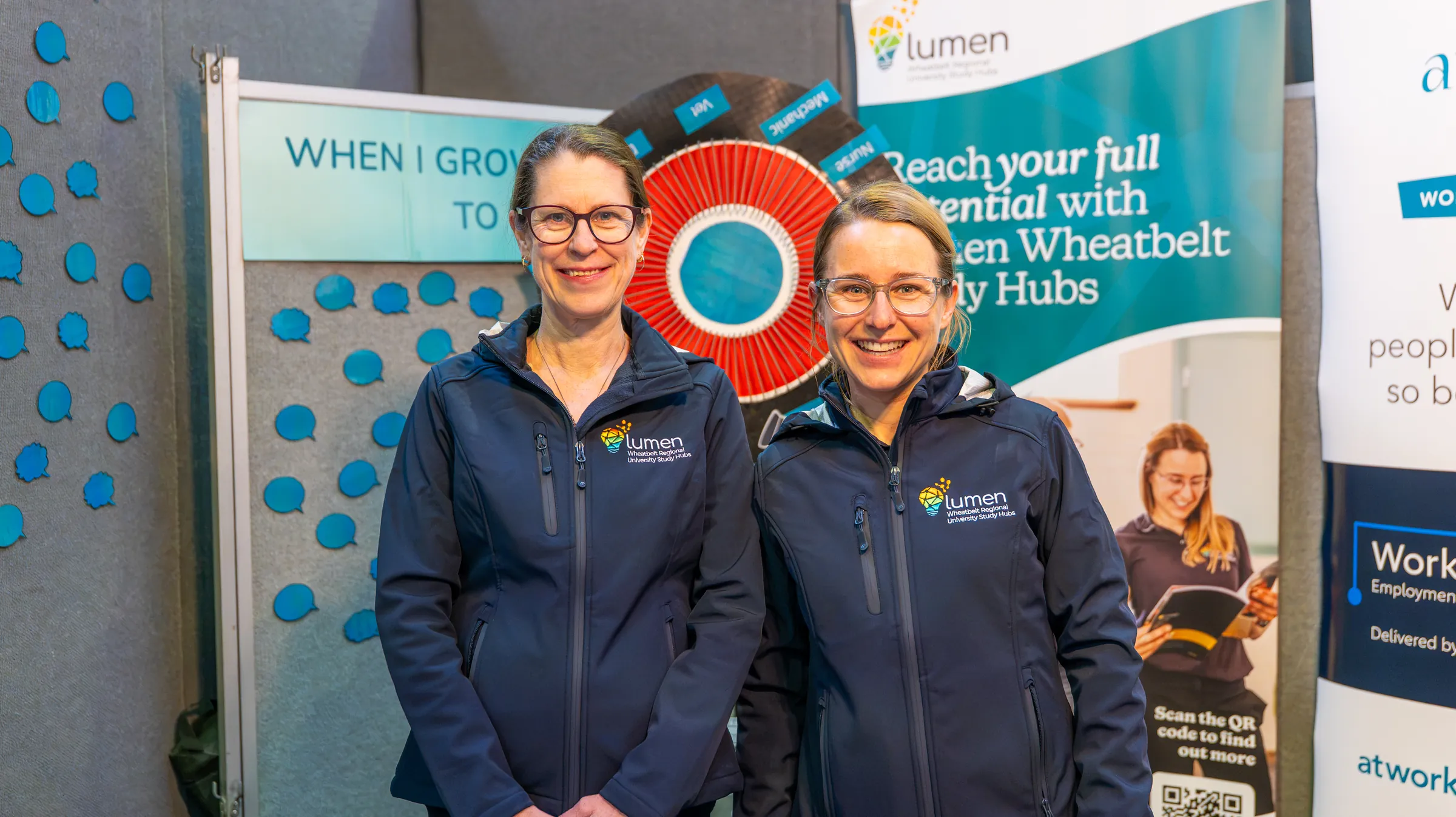 Lumen staff in front of the Wheatbelt Study Hubs banner, filmed by Growth Concept Media.