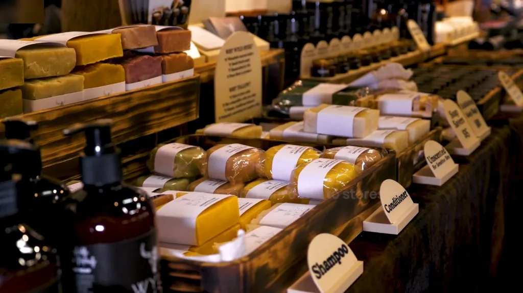 Soap and bottles on a Wyld Hyde stall, commercial photography by Growth Concept Media.