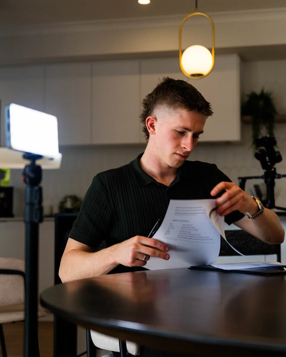 Keoni Upton of Growth Concept Media reading a shot list on a Perth video shoot. Keoni Upton of Growth Concept Media reading a shot list on a Perth video shoot.