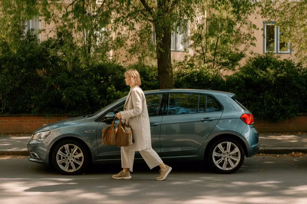 a woman walking sided with a car