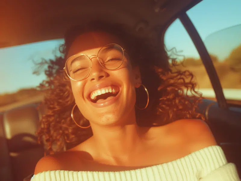 a girl happy and laughing while driving