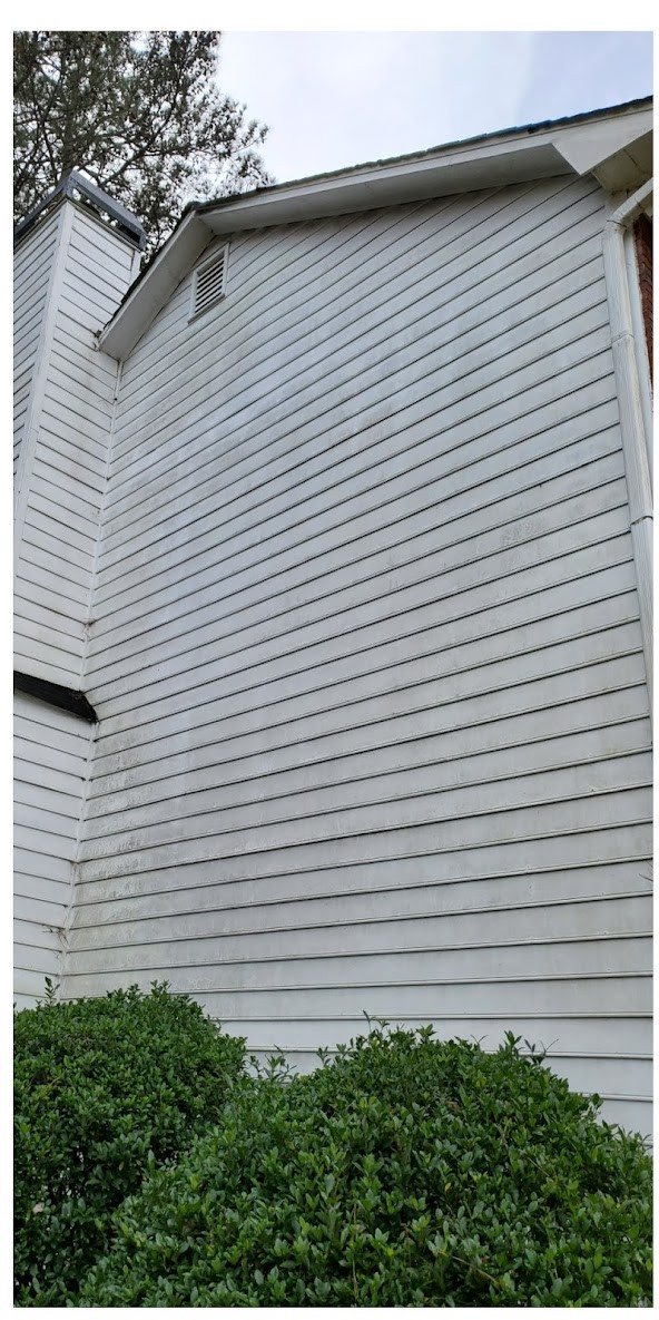 White vinyl siding with green algae streaks before a soft wash