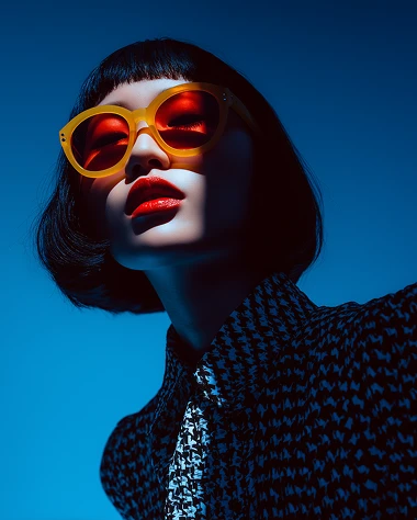 Woman with short black hair wearing oversized yellow sunglasses and red lipstick against a blue background.