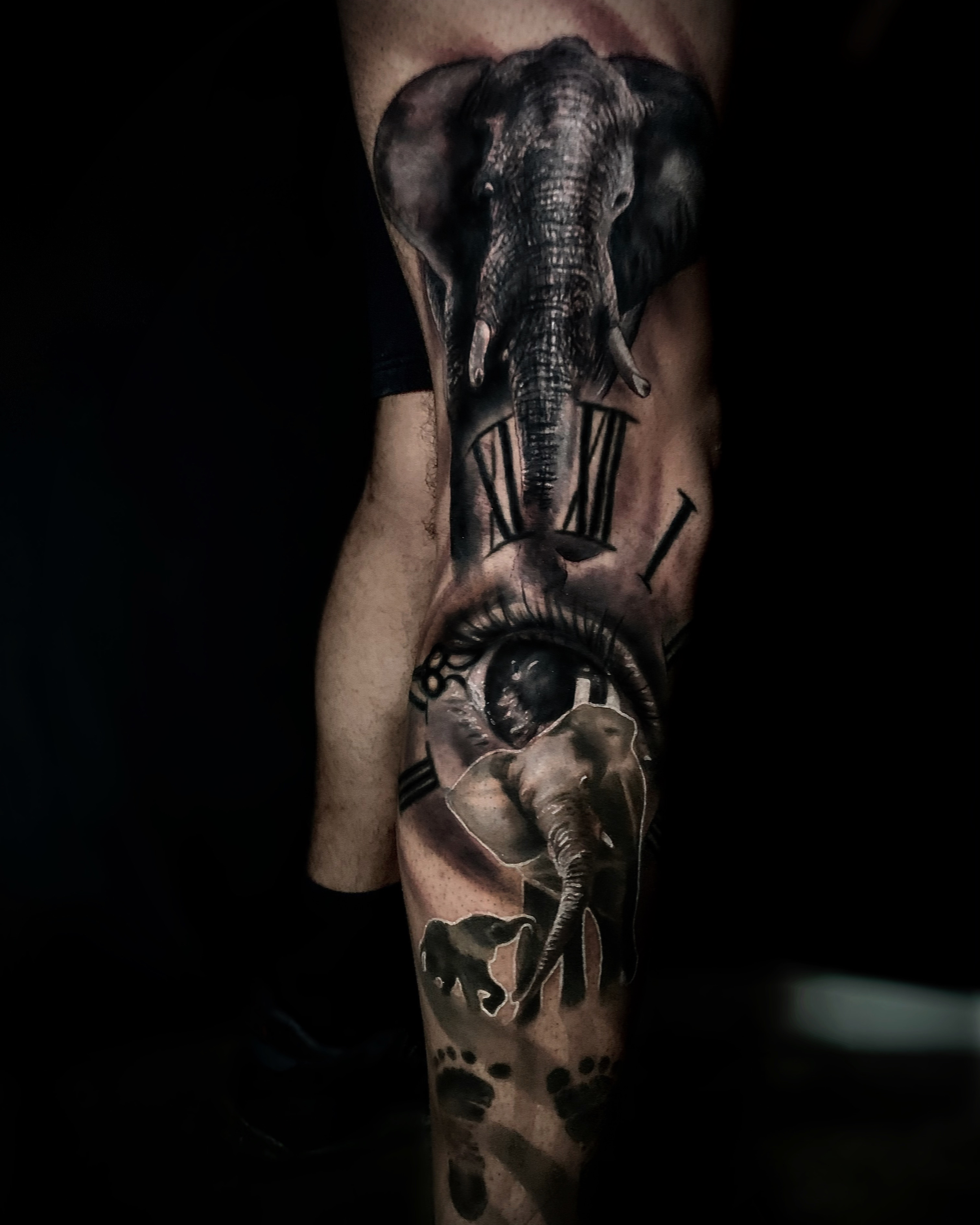 Elephant and clock black and grey leg sleeve, second view, by Chucky Holden