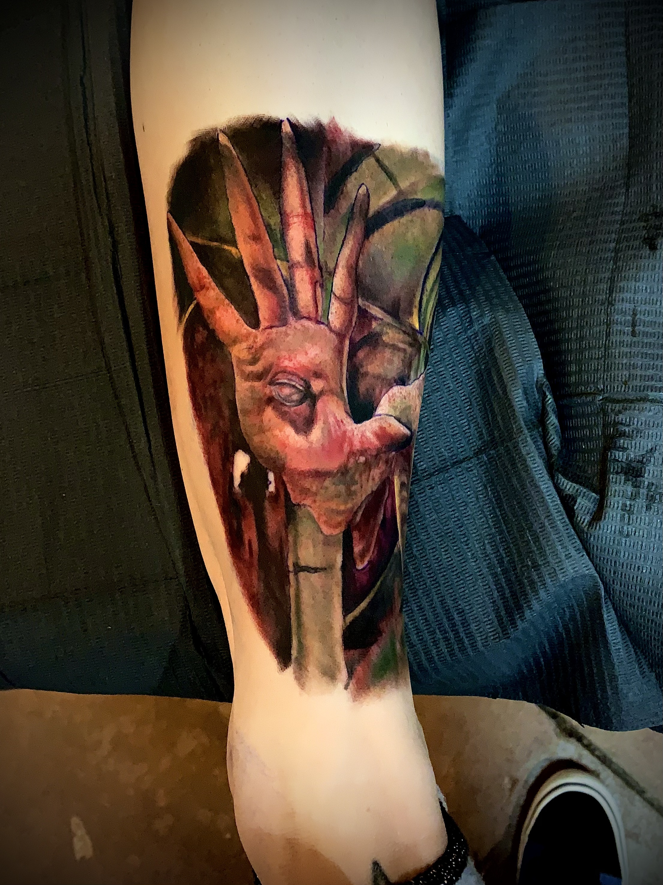 Pale Man tattoo, eye-in-palm hand close-up, by Chucky Holden