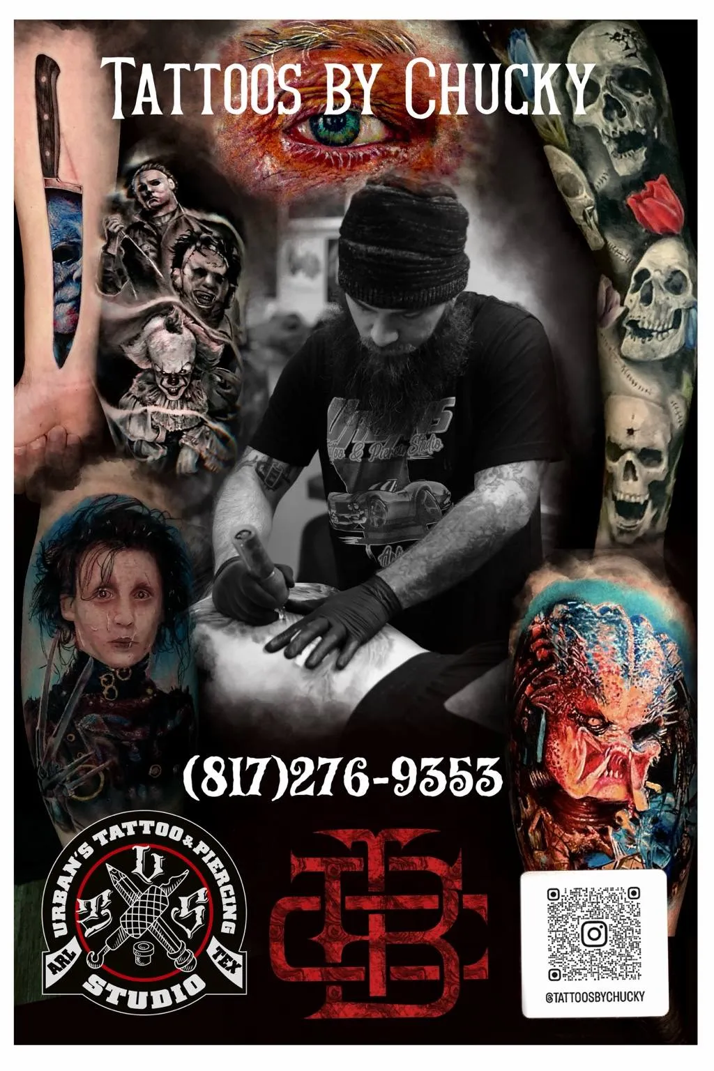 Tattoos by Chucky convention banner featuring Chucky Holden tattooing, examples of his color and black and grey realism tattoo work, and an Instagram QR code for @tattoosbychucky, representing his work at Urbans Tattoo Studio in Arlington, Texas.