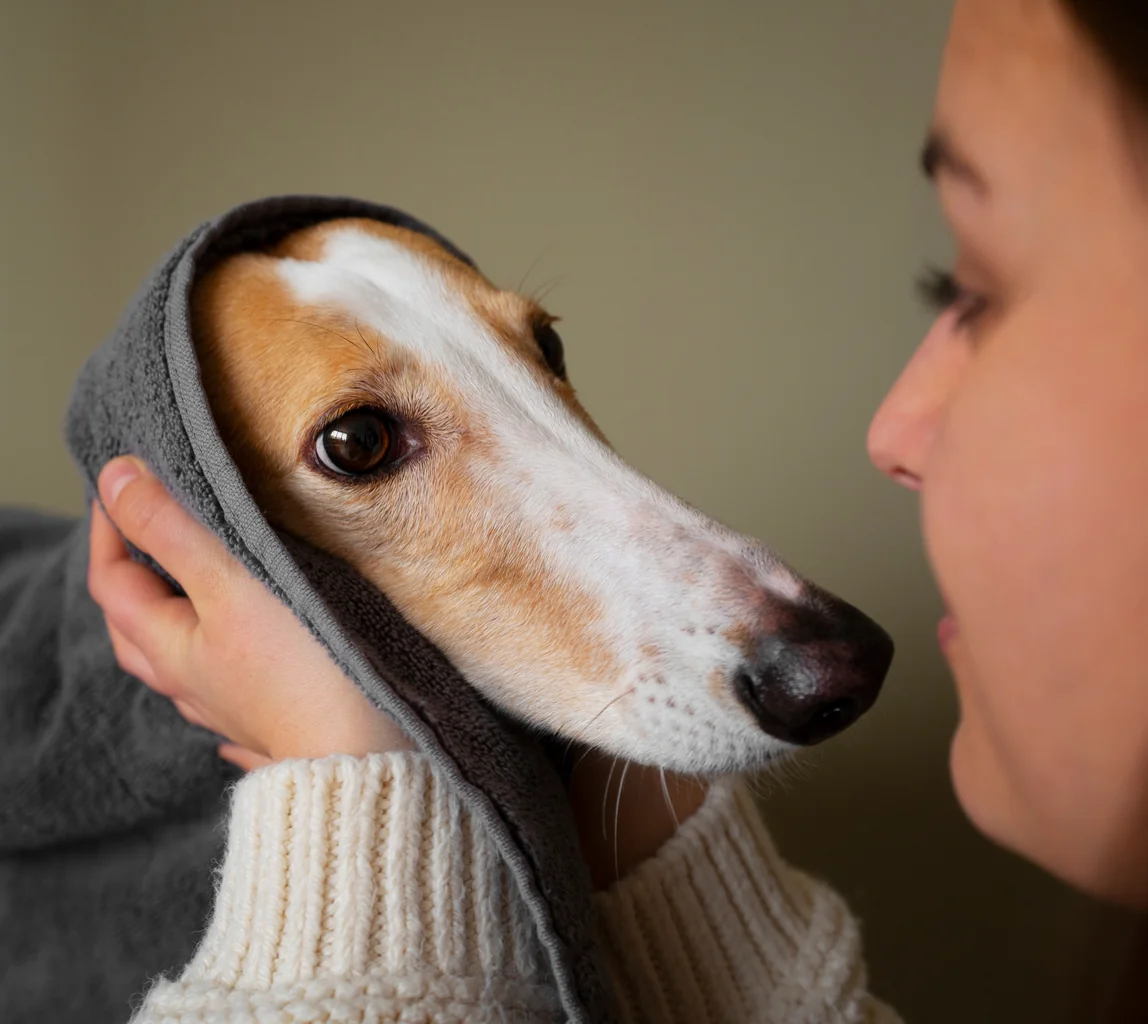 Person hugging a greyhound