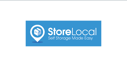 StoreLocal logo with a white location pin containing a cube icon on a blue background and the tagline 'Self Storage Made Easy'.