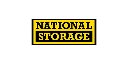 Yellow and black rectangular logo with the words 'NATIONAL STORAGE' in bold uppercase letters.