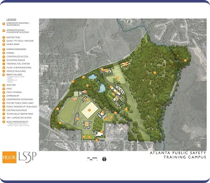 Aerial map of Atlanta Public Safety Training Campus showing buildings, parking, natural fields, training ranges, and road pathways with a labeled legend on the left.