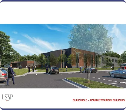 Modern administration building with people walking and cars in the parking lot under a blue sky.