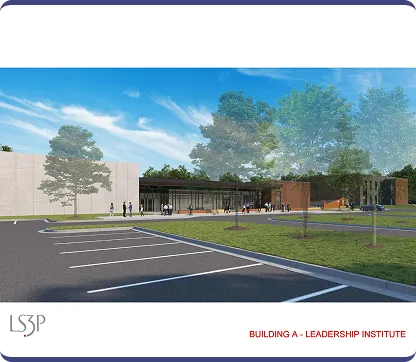 Modern Leadership Institute building with glass entrance, parking lot, trees, and people walking outside under a blue sky.