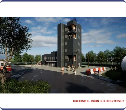 Modern black burn building tower with firefighters and surrounding road under a partly cloudy sky.