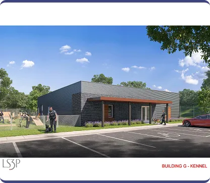 Single-story modern kennel building with dark brick and metal siding, a covered porch, and people walking dogs near a fenced area.